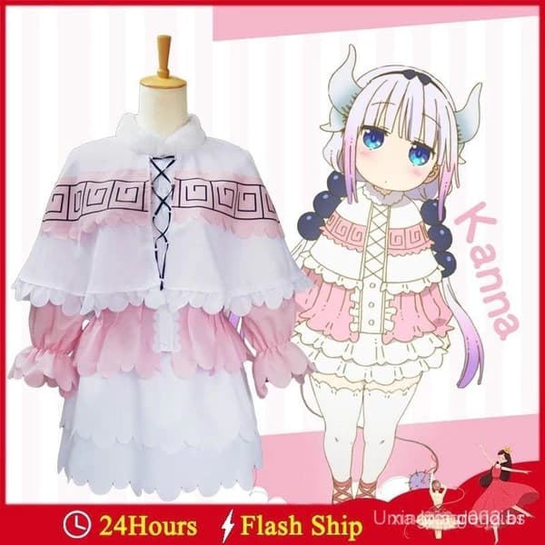 Fantasia de Cosplay de Kanna Kamui, a Empregada Dragão da Sra. Kobayashi, para Mulheres, Vestido Lolita Rosa, Peruca ISV