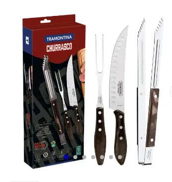 Jogo para Churrasco Tramontina com Lâminas em Aço Inox com Cabo de Madeira Tratada Polywood Castanho 3 Peças