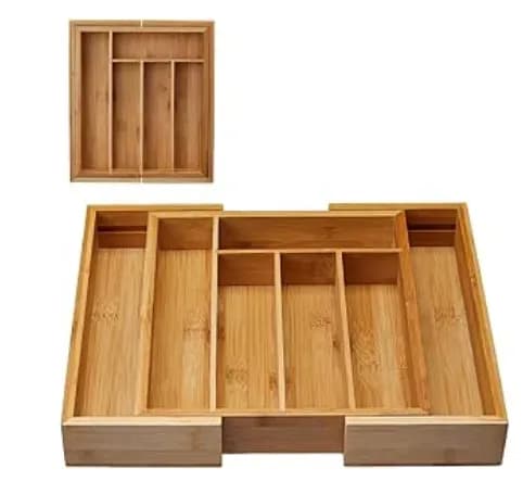 Porta Talheres Bambu Grande Extensível Ajustável 5 Divisórias